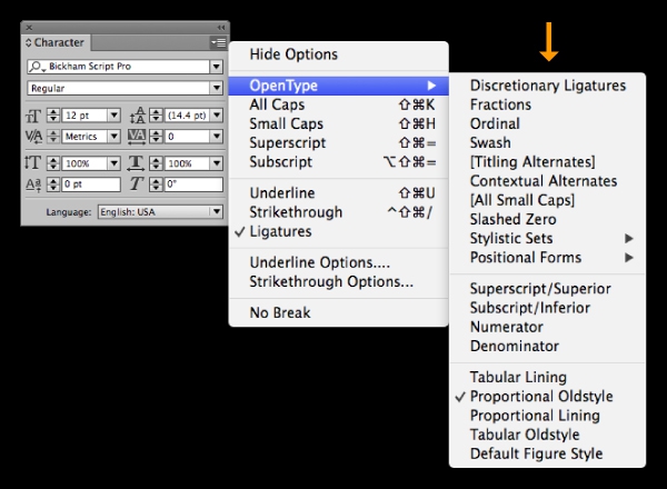 InDesign Opentype menu