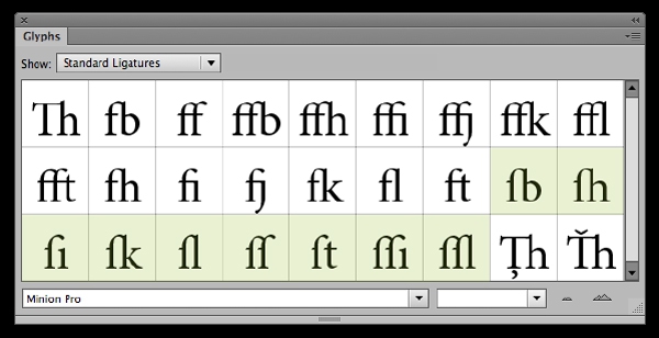 InDesign Glyphs menu showing long s ligatures