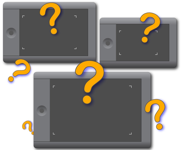 Graphics tablets of three different sizes with orange question marks around them