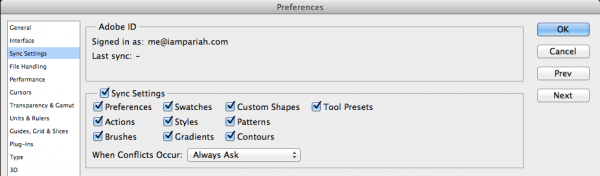 Photoshop Sync Settings