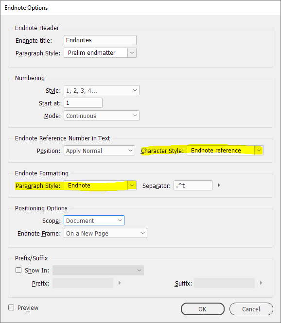 End-of-book notes endnote options dialog
