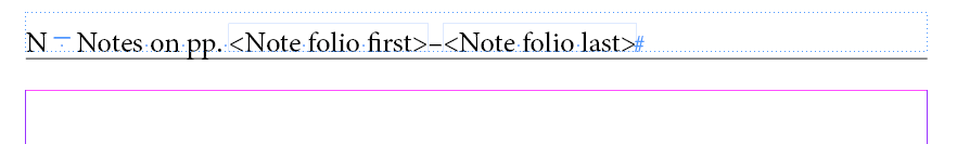 End-of-book notes: running header with page range, insert variables