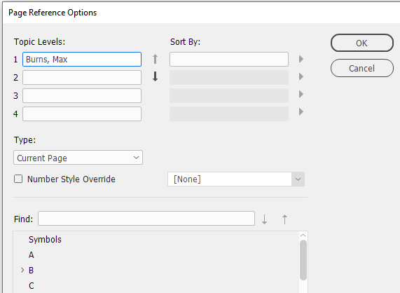 Index edit: Page references dialog