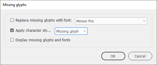 Missing glyphs dialog