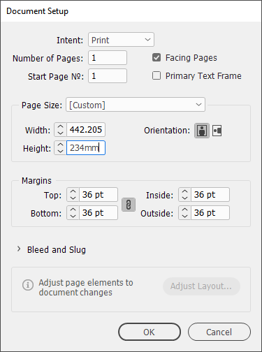 InDesign's document set-up window