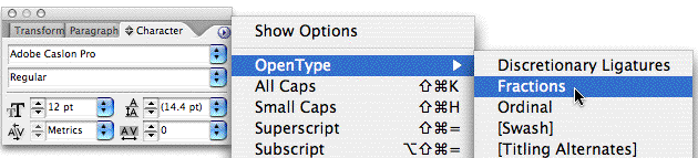OpenType: Fractions command OpenType: Fractions command