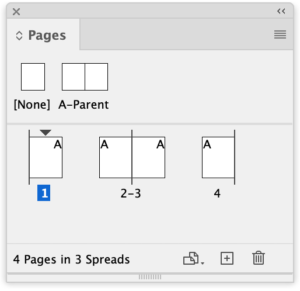 Pages panel with four pages, starting with page 1 on right, 2-3 as one spread, 4 on left.