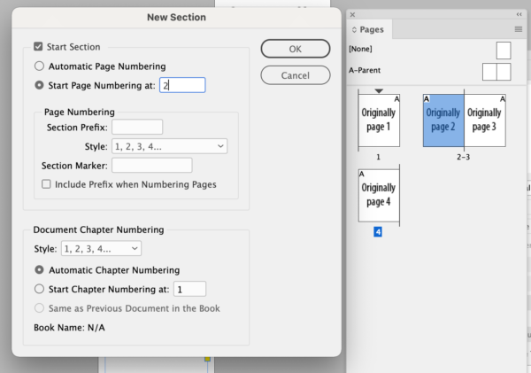 Page 2 of document selected with New Section dialog box open, Start Page Numbering set to 2.