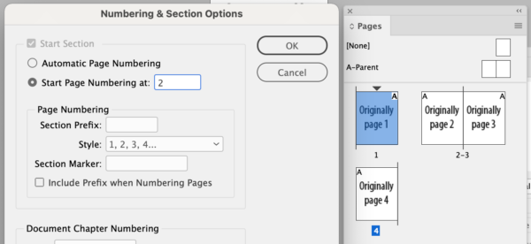 Pages panel with Page 1 selected; Numbering & Section Options panel shown, with "Start Page Numbering at" set at 2.