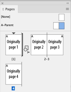 Pages panel with page 1 moved to left page, new right page dragging from Parent pages.