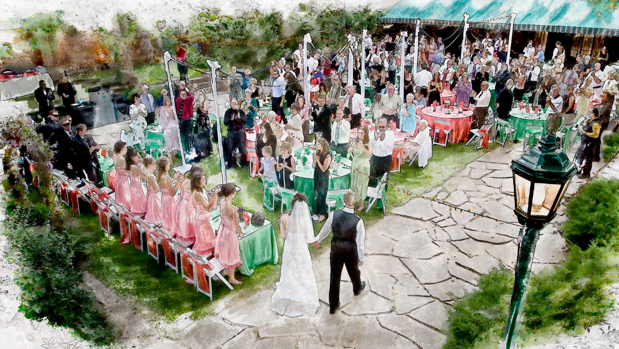 Example of a hand-brushed watercolor effect in Adobe Photoshop applied to a photo of a wedding reception