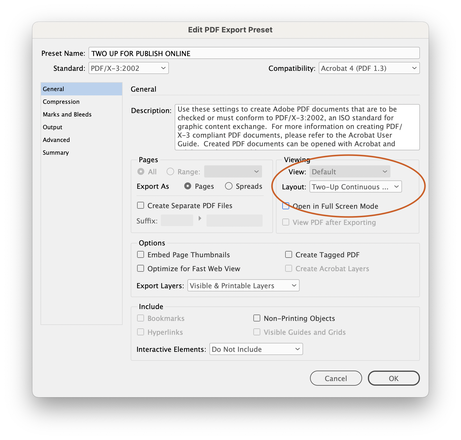 Dialog for defining PDF Preset. Highlighted in image is Layout set as two-up continuous.