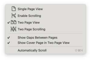 Acrobat menu displaying choices: Single Page View, Enable Scrolling, Two Page View (selected), Two Page Scrolling, Show Gaps Between Pages (Selected), Show Cover Page in Two Page View (selected), Automatically Scroll