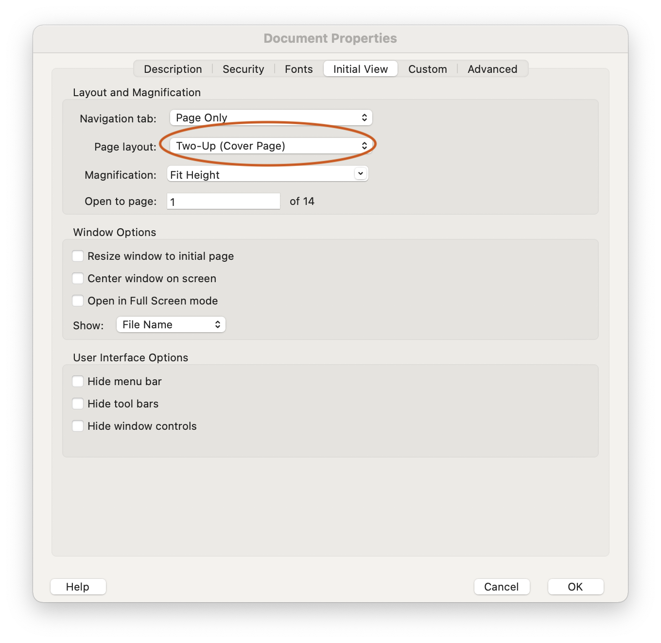 Acrobat Document Properties dialog, showing Page Layout as Two Up (Cover Page)