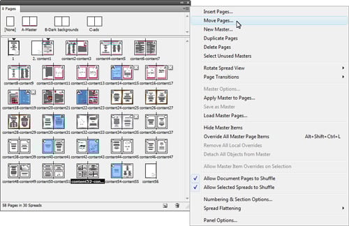 select the pages you want to move to another document and open the pages panel menu