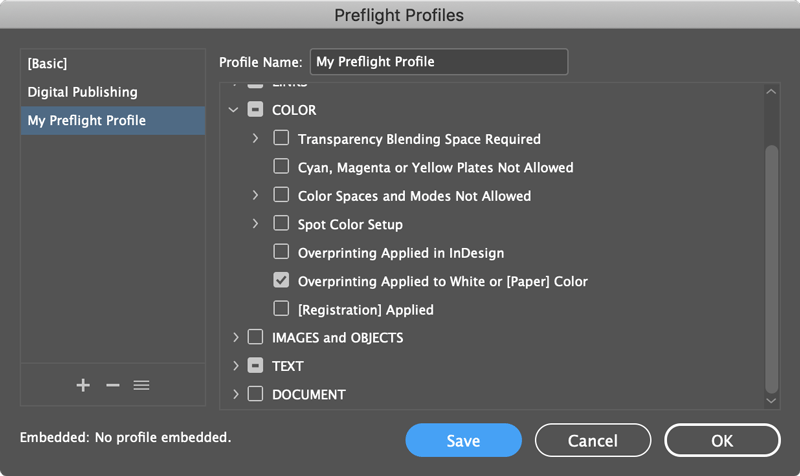 custom preflight profile in InDesign to catch overprinting white errors