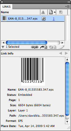 InDesign Links panel with EPS file selected