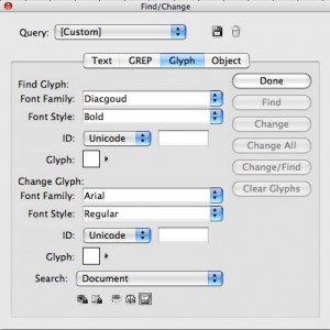 Glyphs Tab of Find-Change Dialog