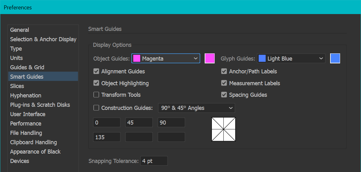 Smart Guides Preference Panel in Adobe Illustrator