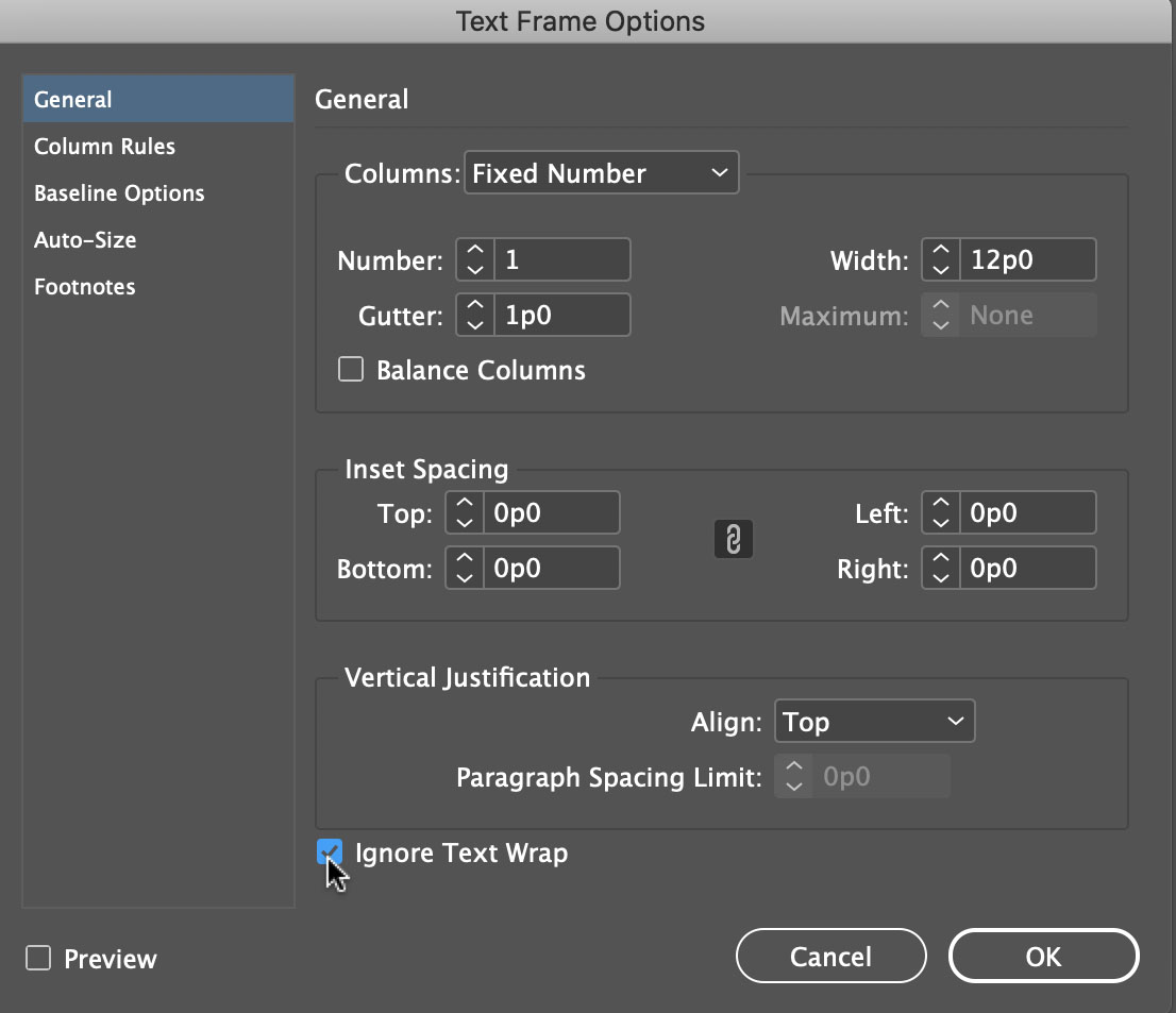 InDesign Text Frame Options Panel