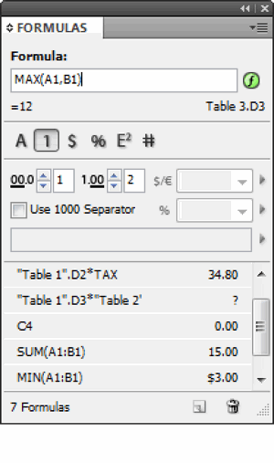 Active Tables formulas panel