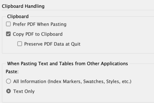 Clipboard handling preference pane: Prefer PDF When Pasting is unchecked