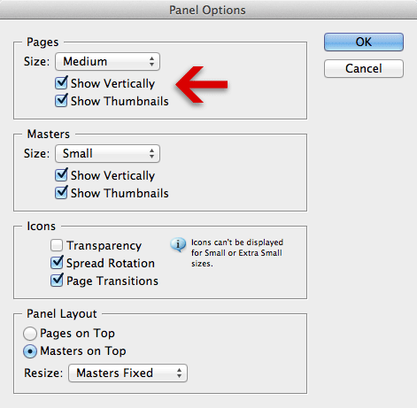 Panel Options dialog CS5.5 with Show Vertically option marked with red arrow.