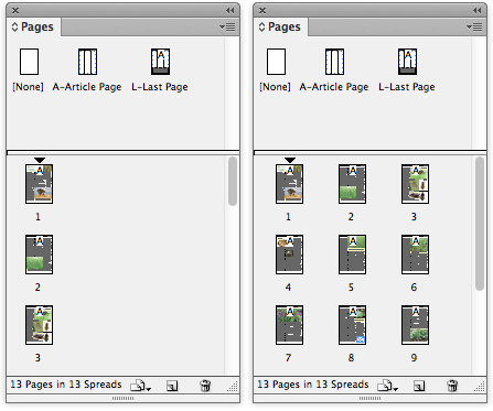 2 images of Pages panel, one displays pages vertically, the other horizontally.