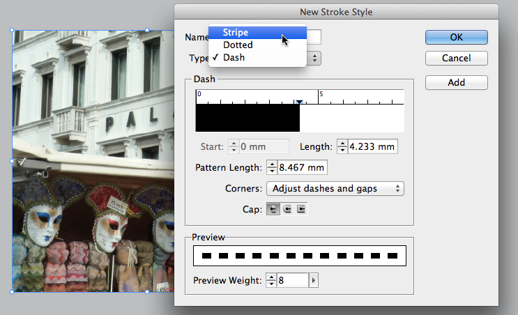 Stroke Style, type drop down menu with Stripe selected.