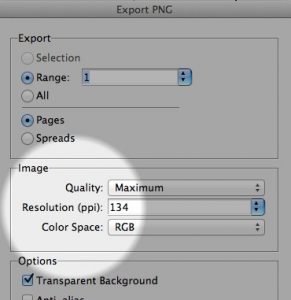 Export PNG dialog highlights image quality Maximum, resolution (psi) 134, and color space RGB