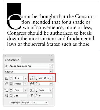 Drop cap in sample text selected with screen shot of Character panel, line spacing 48.199 pt highlighted 