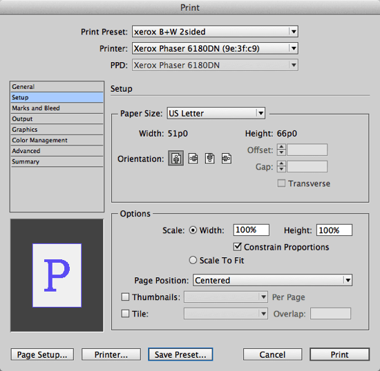 indesign print dialog box