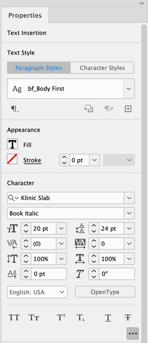 the Properties panel in Adobe InDesign showing the style applied to selected text