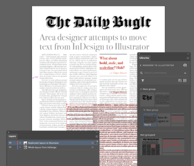 Sample document "The Daily Bugle" shows greyed out original from InDesign, with elements from CC Libraries importing inconsistently.