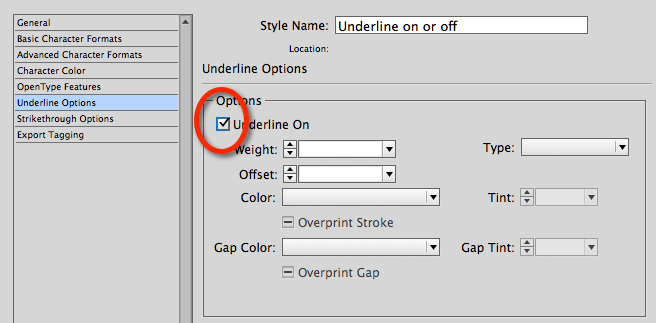 The underline options for the "master" character style is to only turn the underline on or off