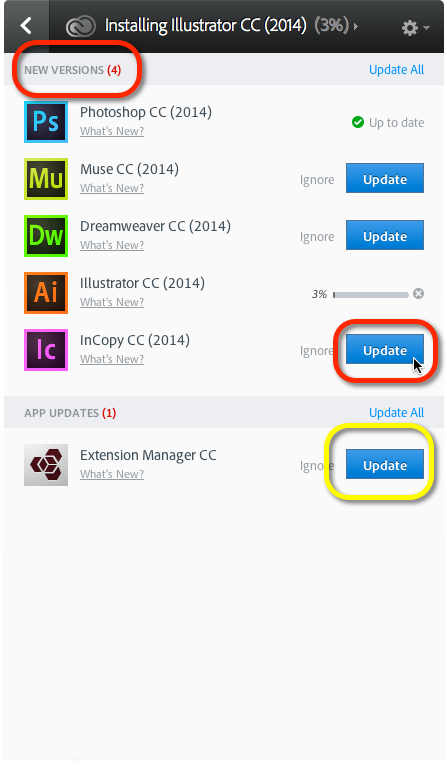 Here InCopy CC 2014 will be installed separately from my version of InCopy CC. But Extension Manager CC will be updated.