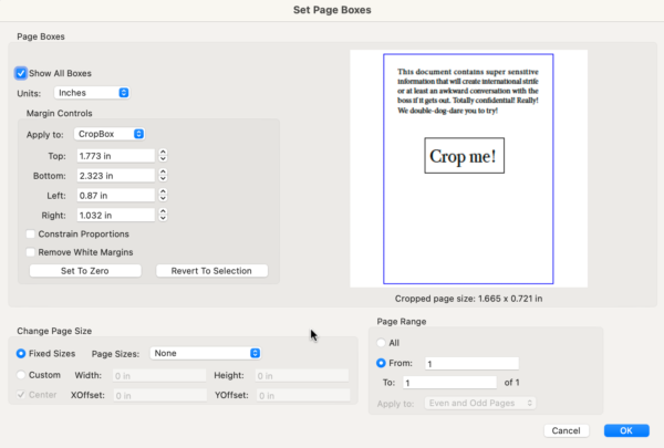 Set Page Boxes dialog in Acrobat shows settings to apply to Cropbox, with preview showing information that user would want omitted.