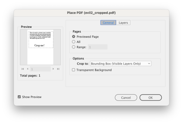 Place PDF dialog box from InDesign shows cropped PDF with crop set to Bounding Box (Visible Layers Only)