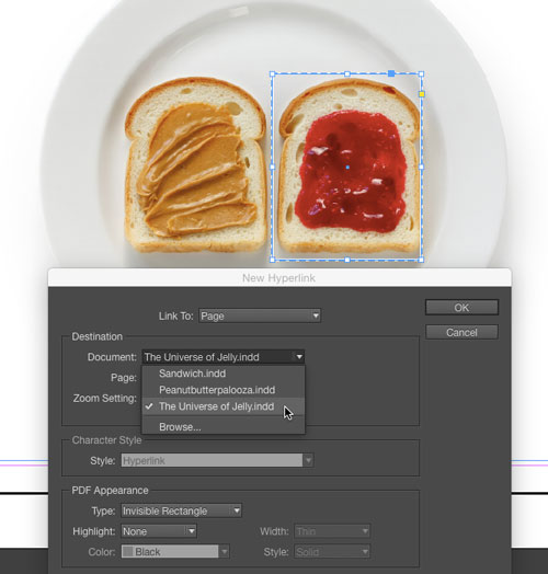 InDesign document showing peanut butter and jelly sandwich with frame selected and New Hyperlink dialogue box