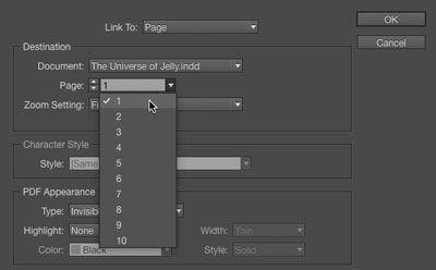 InDesign New Hyperlink dialogue box showing page drop down menu