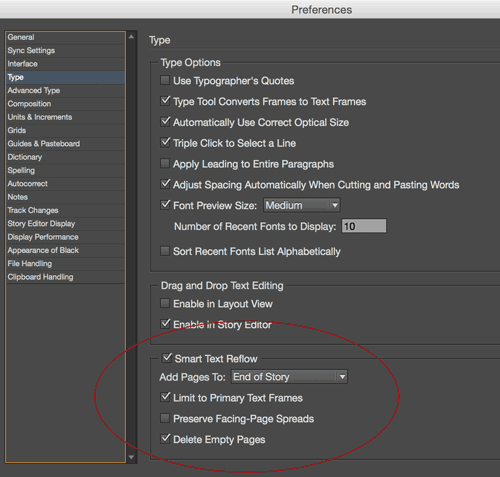 indesign smart text reflow options
