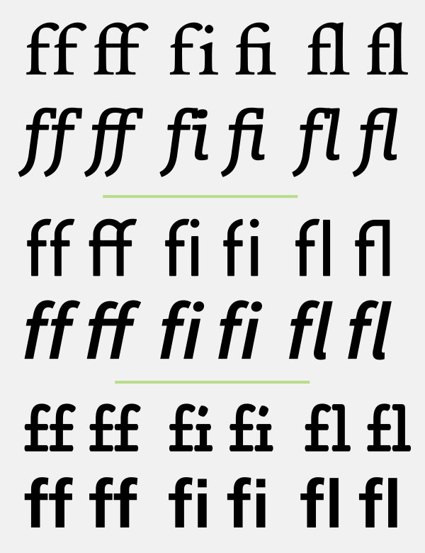 Not all f-ligatures are connecting: the top two showings all connect gracefully, the middle two have both connecting and non-connecting ligatures, and the bottom two are all unconnected, some with barely, if any difference at all. Set in ITC Legacy Serif, Enclave, ITC Conduit, Source Sans Pro, Alphatier Pro, and Frutiger 65 Bold.