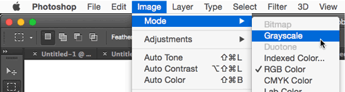 Photoshop screen shot shows conversion of RGB to grayscale