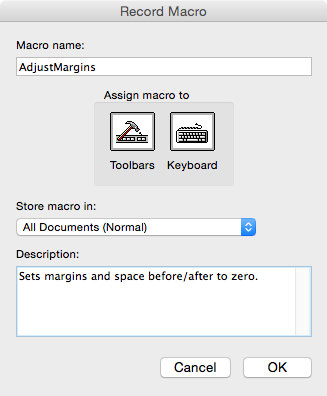 Microsoft Word Record New Macro dialog box