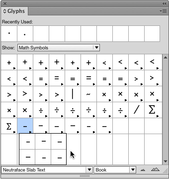 InDesign Glyphs menu Neutraface