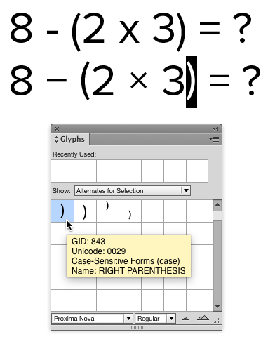 InDesign glyphs menu Alternates for Selection