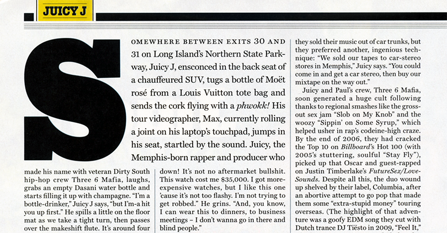 Magazine spread with large drop cap followed by first line lead-in of small caps