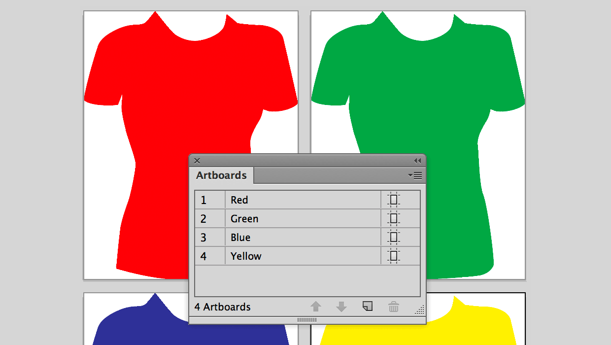 an Adobe Illustrator document with four artboards containing images of the same T-shirt in four different colors