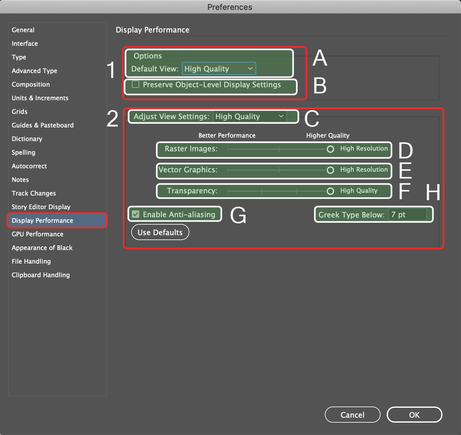 InDesign Display Performance menu