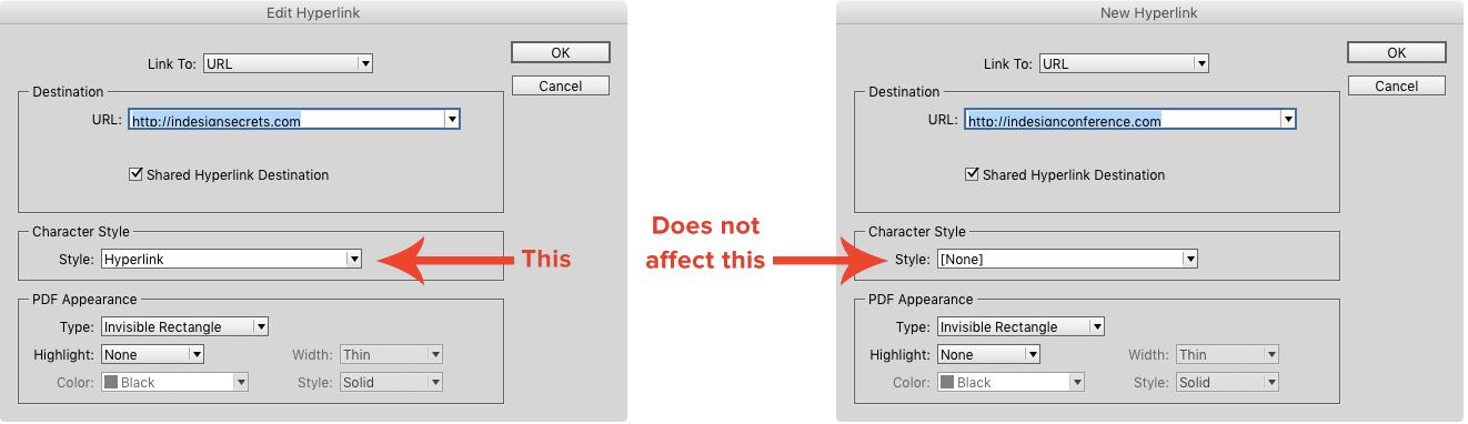 InDesign edit hyperlink new hyperlink style